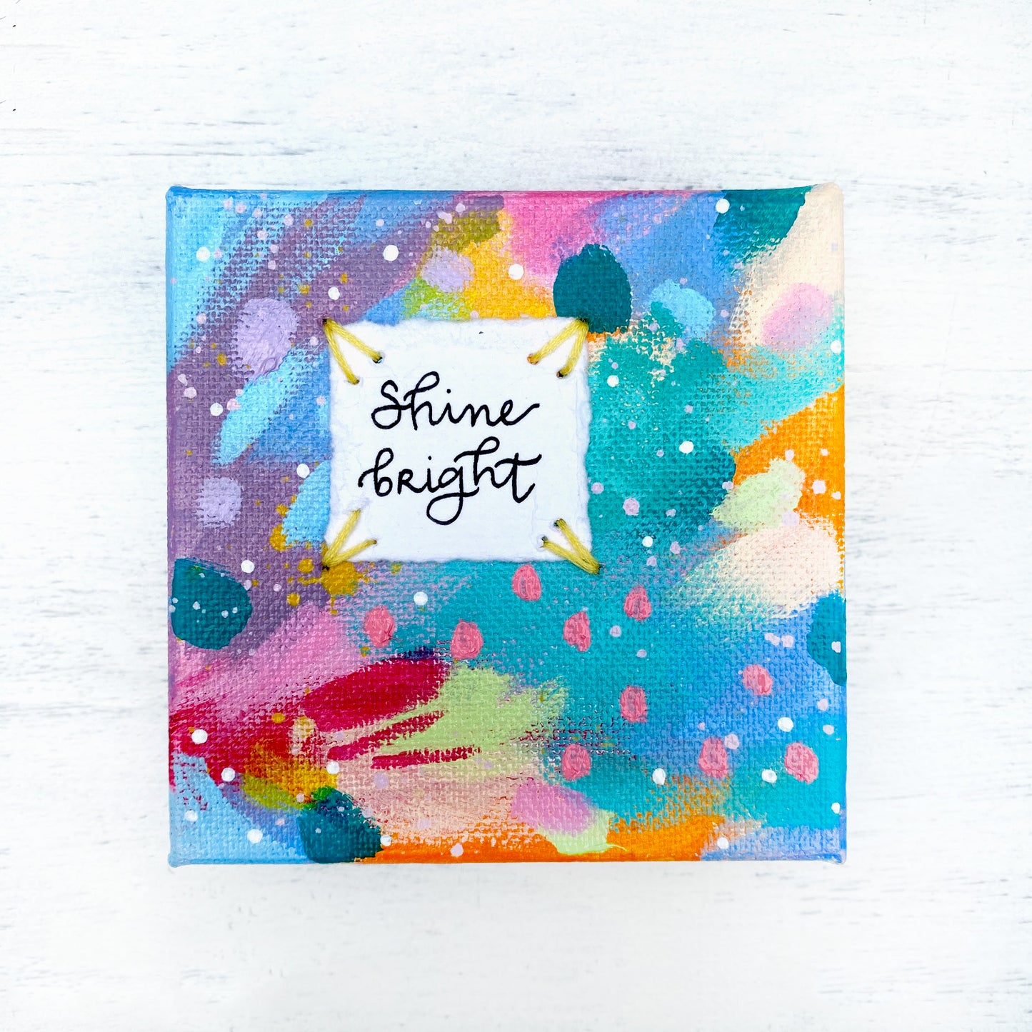 Shine Bright 4x4 inch original abstract canvas with embroidery thread accents - Bethany Joy Art