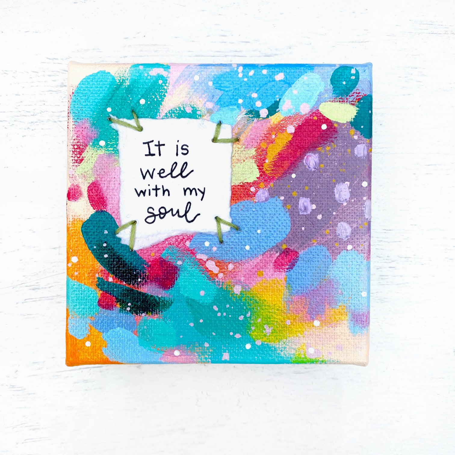 It is Well with my Soul 4x4 inch original abstract canvas with embroidery thread accents - Bethany Joy Art