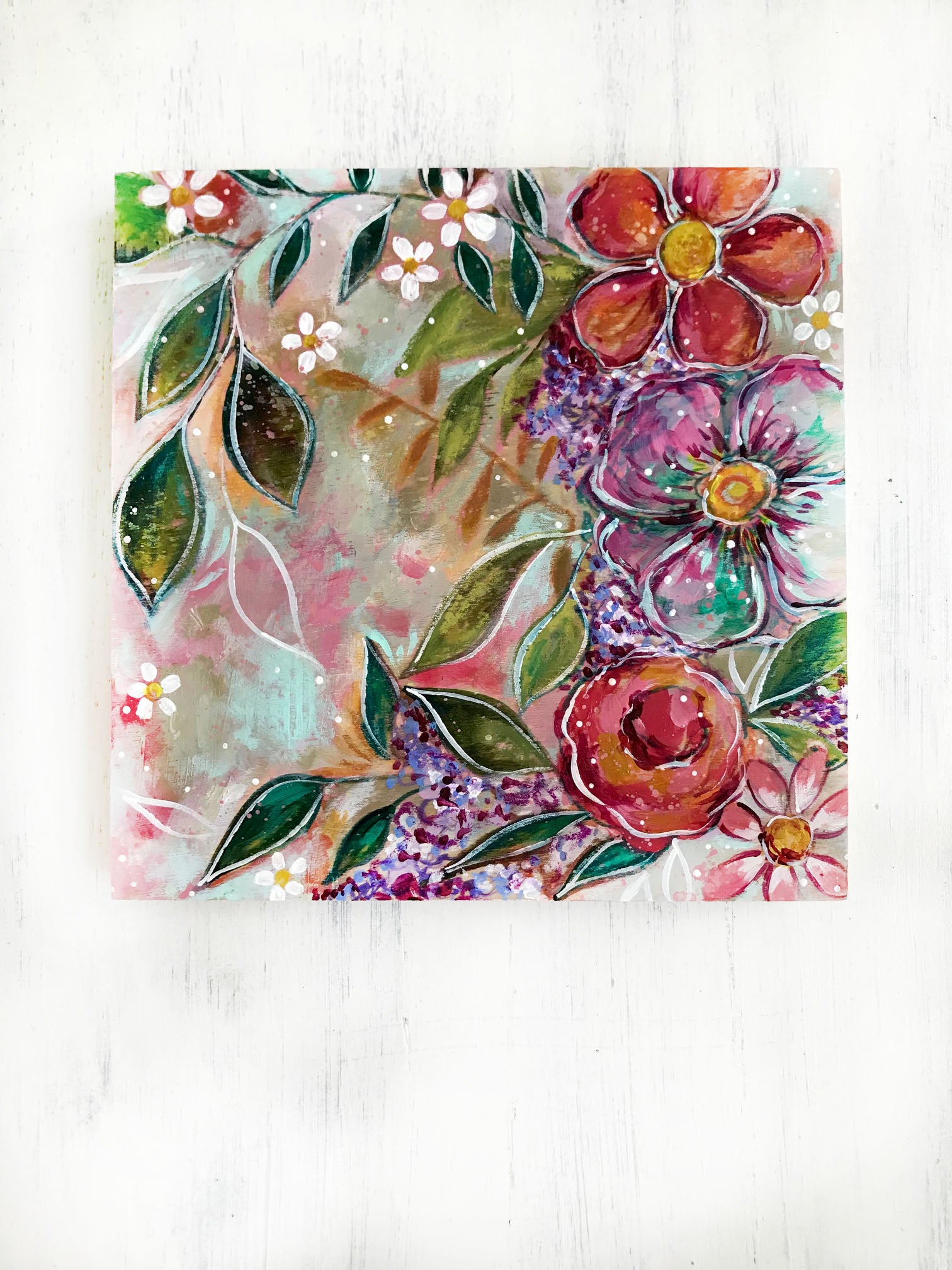 Garden of Joy Spring Floral Mixed Media Painting on 8x8 inch wood panel - Bethany Joy Art