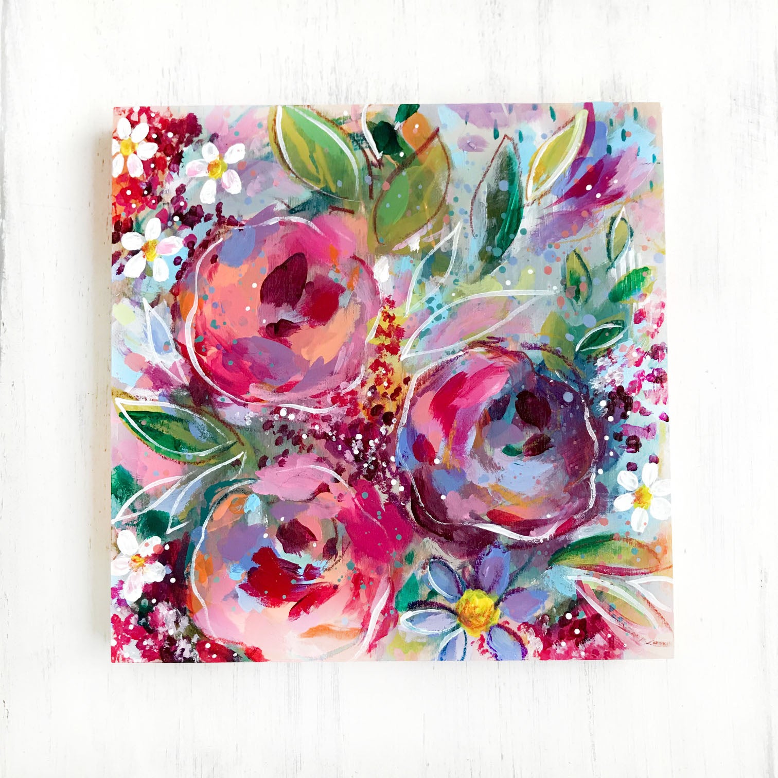 New Spring Floral Mixed Media Painting on 8x8 inch wood panel no.7 - Bethany Joy Art