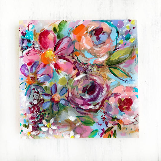 New Spring Floral Mixed Media Painting on 8x8 inch wood panel no.4 - Bethany Joy Art