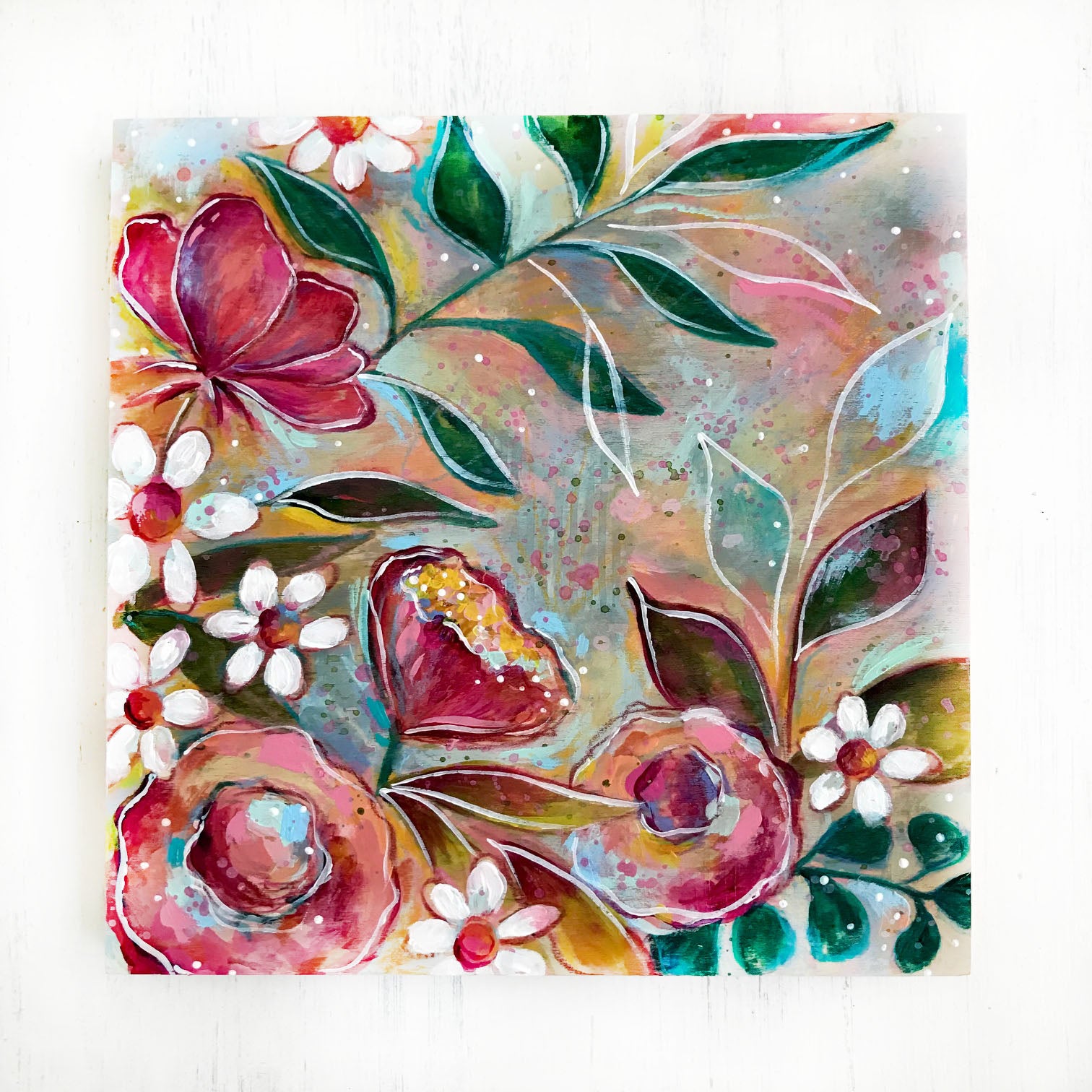 Spring Has Sprung Floral Mixed Media Painting on 8x8 inch wood panel - Bethany Joy Art