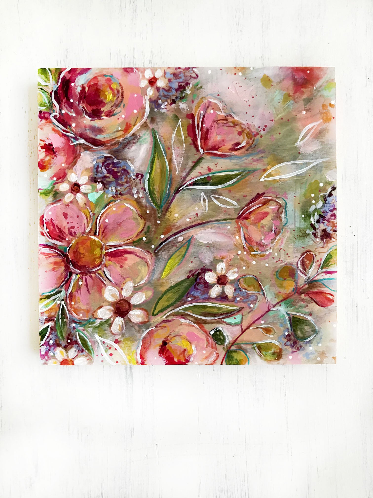 New Spring Floral Mixed Media Painting on 8x8 inch wood panel no.9 - Bethany Joy Art