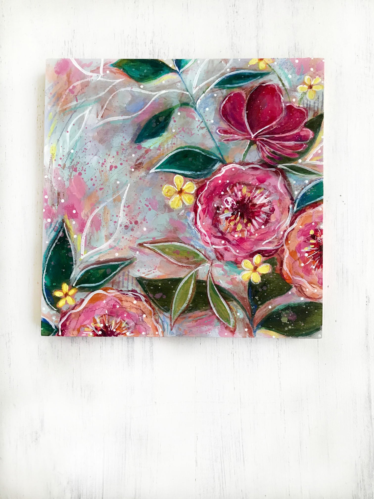 New Spring Floral Mixed Media Painting on 8x8 inch wood panel no.1 - Bethany Joy Art