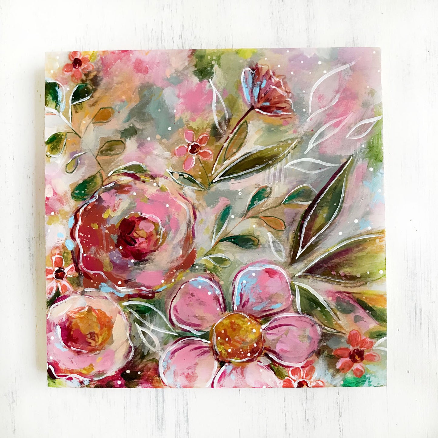 New Spring Floral Mixed Media Painting on 8x8 inch wood panel no.2 - Bethany Joy Art