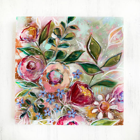 New Spring Floral Mixed Media Painting on 8x8 inch wood panel no.3 - Bethany Joy Art