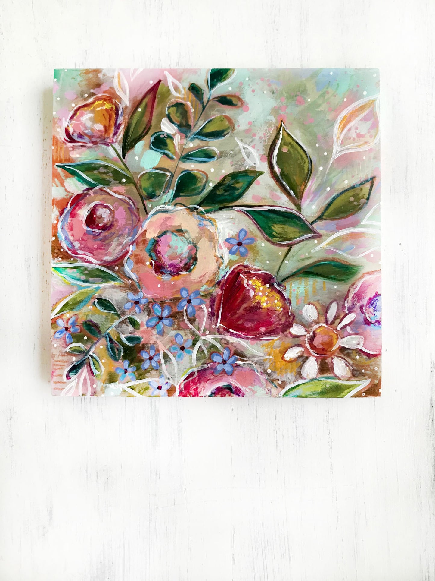 New Spring Floral Mixed Media Painting on 8x8 inch wood panel no.3 - Bethany Joy Art