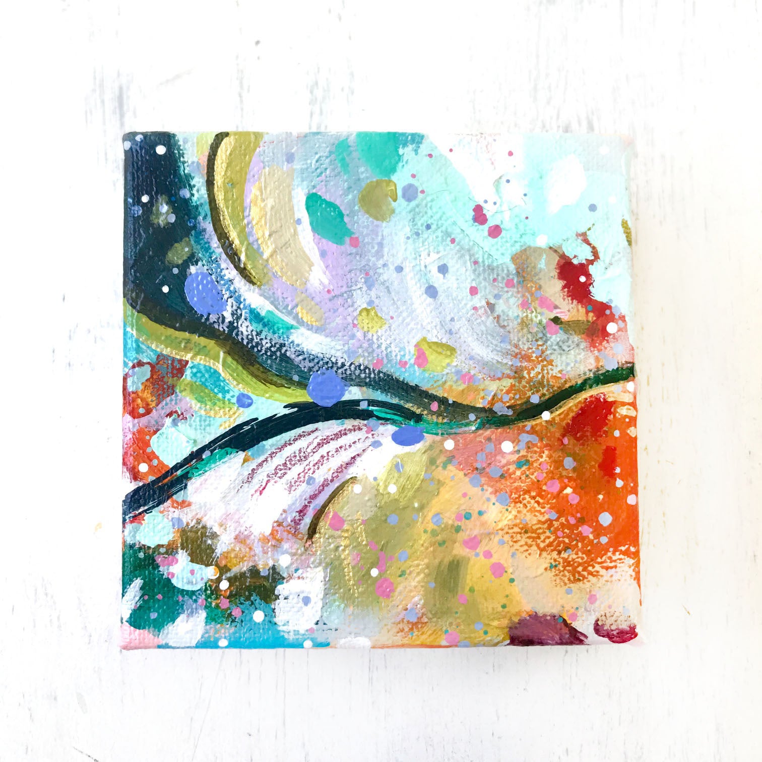 Abstract Original Painting "Shimmering Skies" 4x4 inch Gallery Wrapped Canvas - Bethany Joy Art