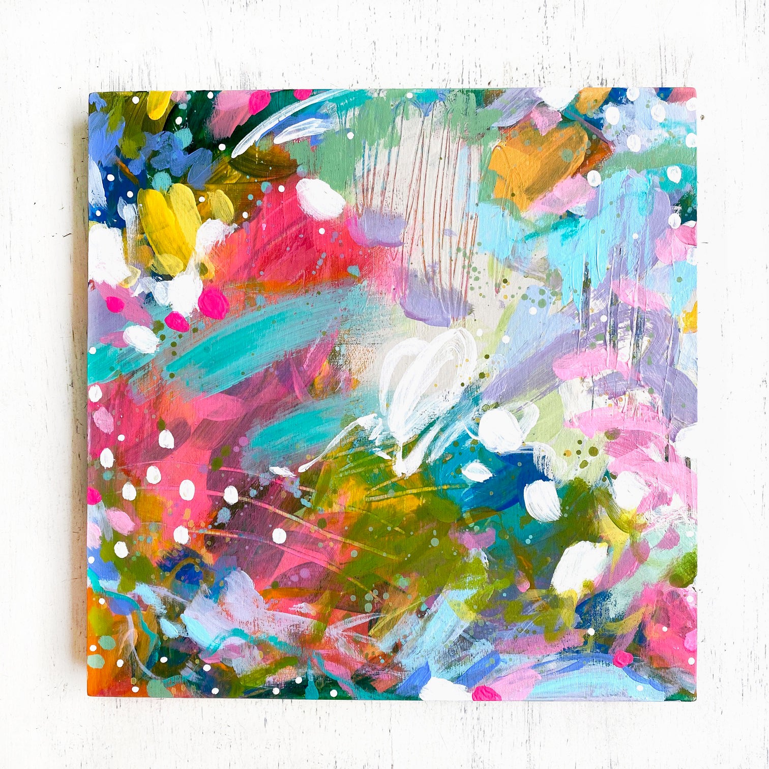 "May Your Home Know Joy" Abstract Original Painting on 8x8 inch Wood Panel - Bethany Joy Art