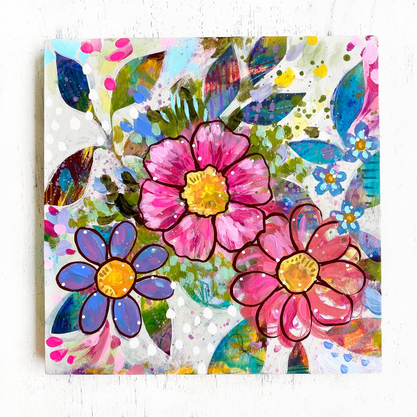 "Our Story Begins at Home" Floral Original Painting on 8x8 inch Wood Panel - Bethany Joy Art