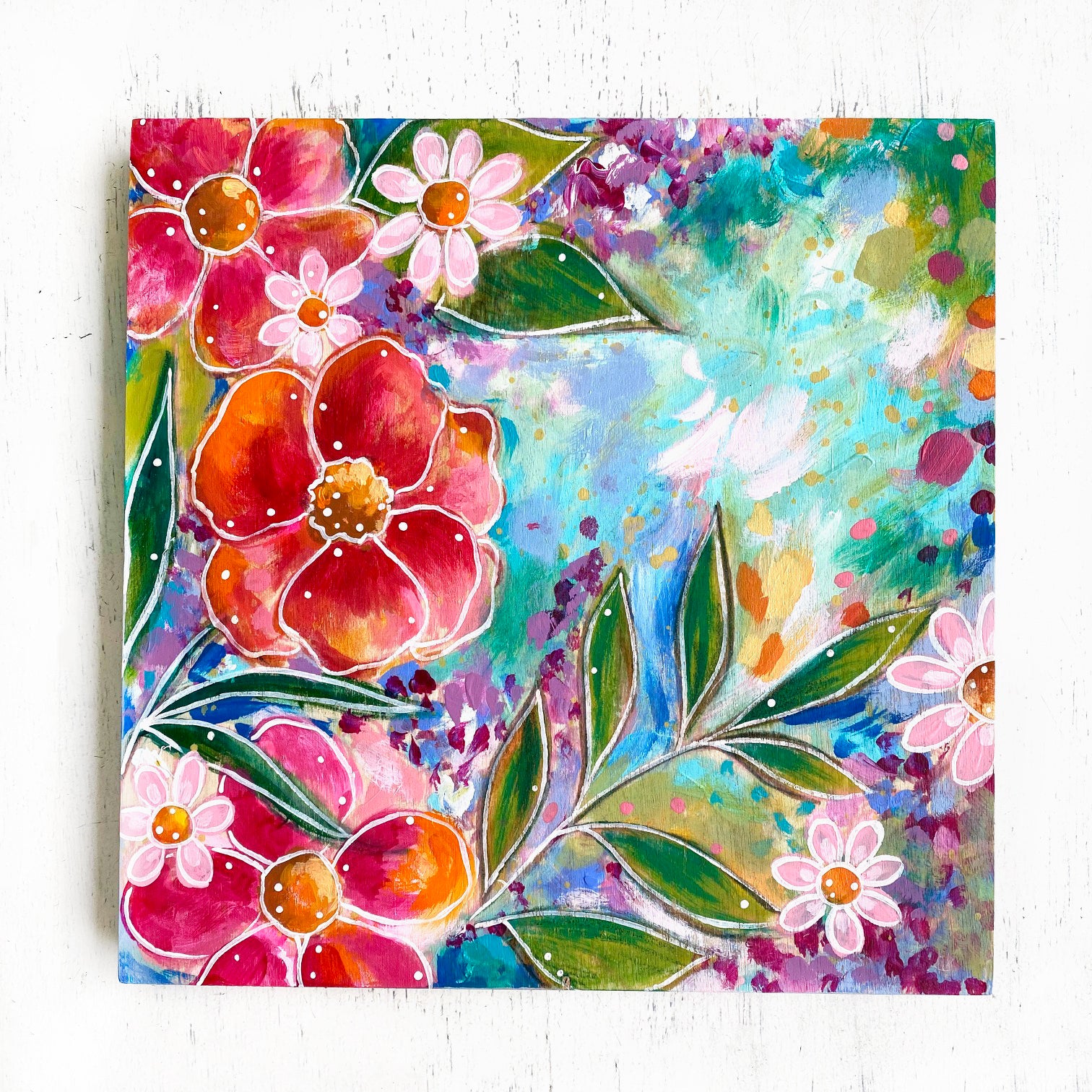 "Home is my Happy Place" Floral Original Painting on 8x8 inch Wood Panel - Bethany Joy Art
