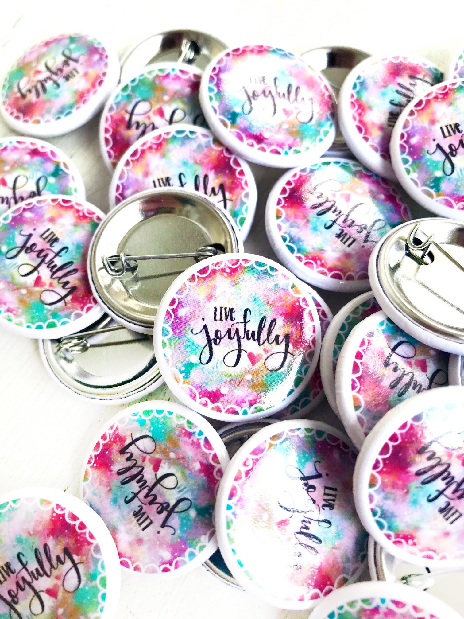 Live Joyfully Buttons/Pins Pack of 2 or 4 - Bethany Joy Art