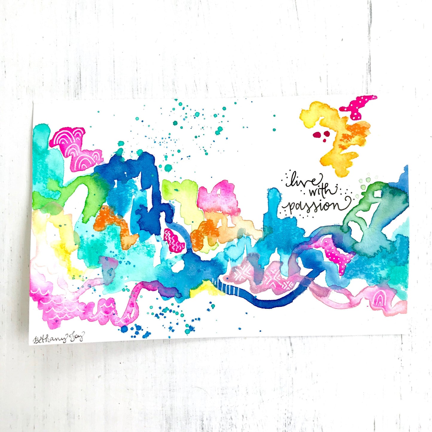 Mixed media original painting "live with passion" on 6x9 inch watercolor paper with white mat to fit 8x10 inch frame / travel inspired paint - Bethany Joy Art