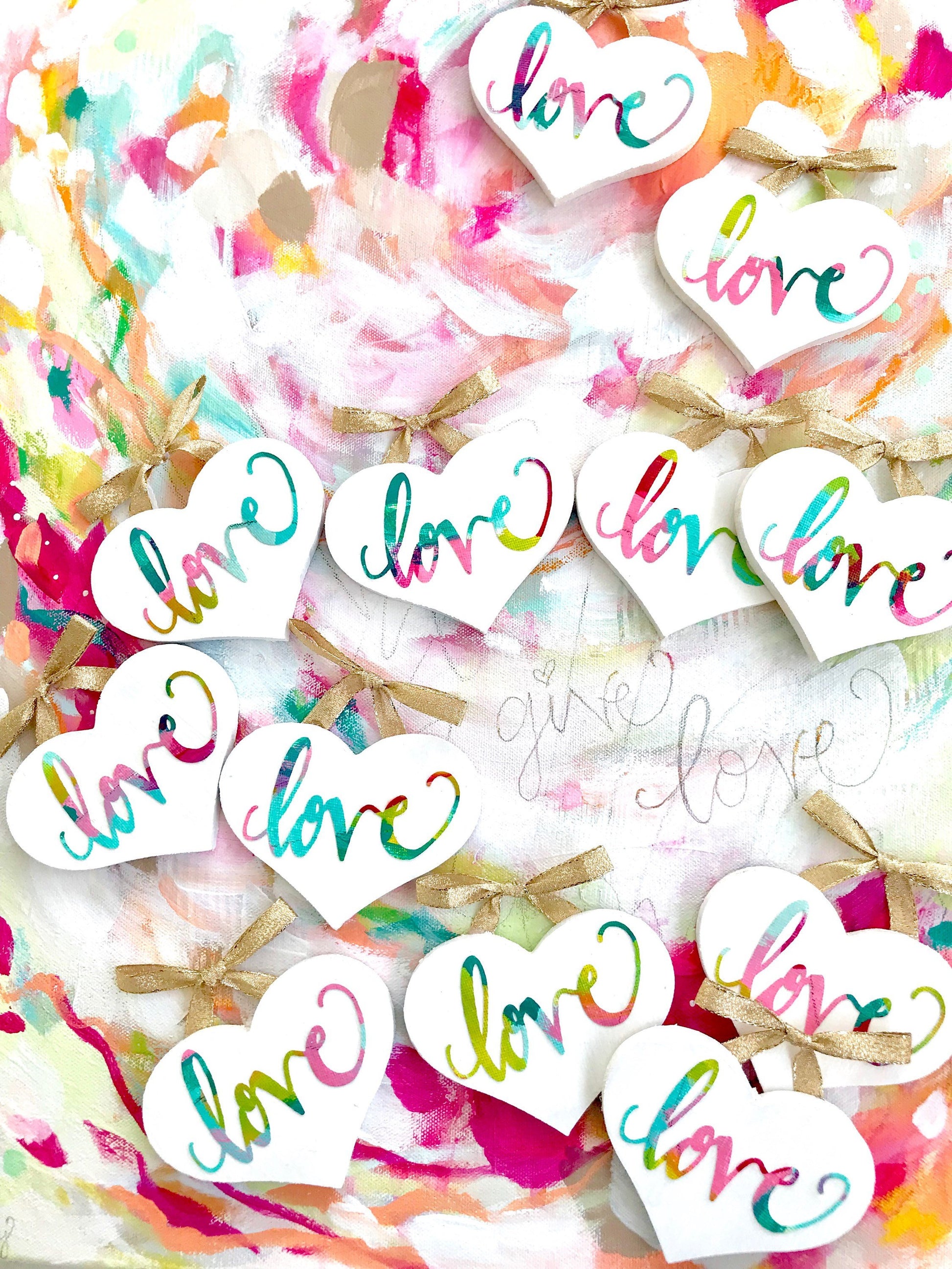 Hand painted, hand lettered "Love" mini wooden heart with gold shimmer ribbon / Collage Heart / Heart Gift / Love art - Bethany Joy Art
