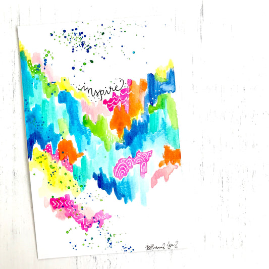 Mixed media original painting "inspire" on 6x9 inch watercolor paper with white mat to fit 8x10 inch frame / travel inspired paint - Bethany Joy Art