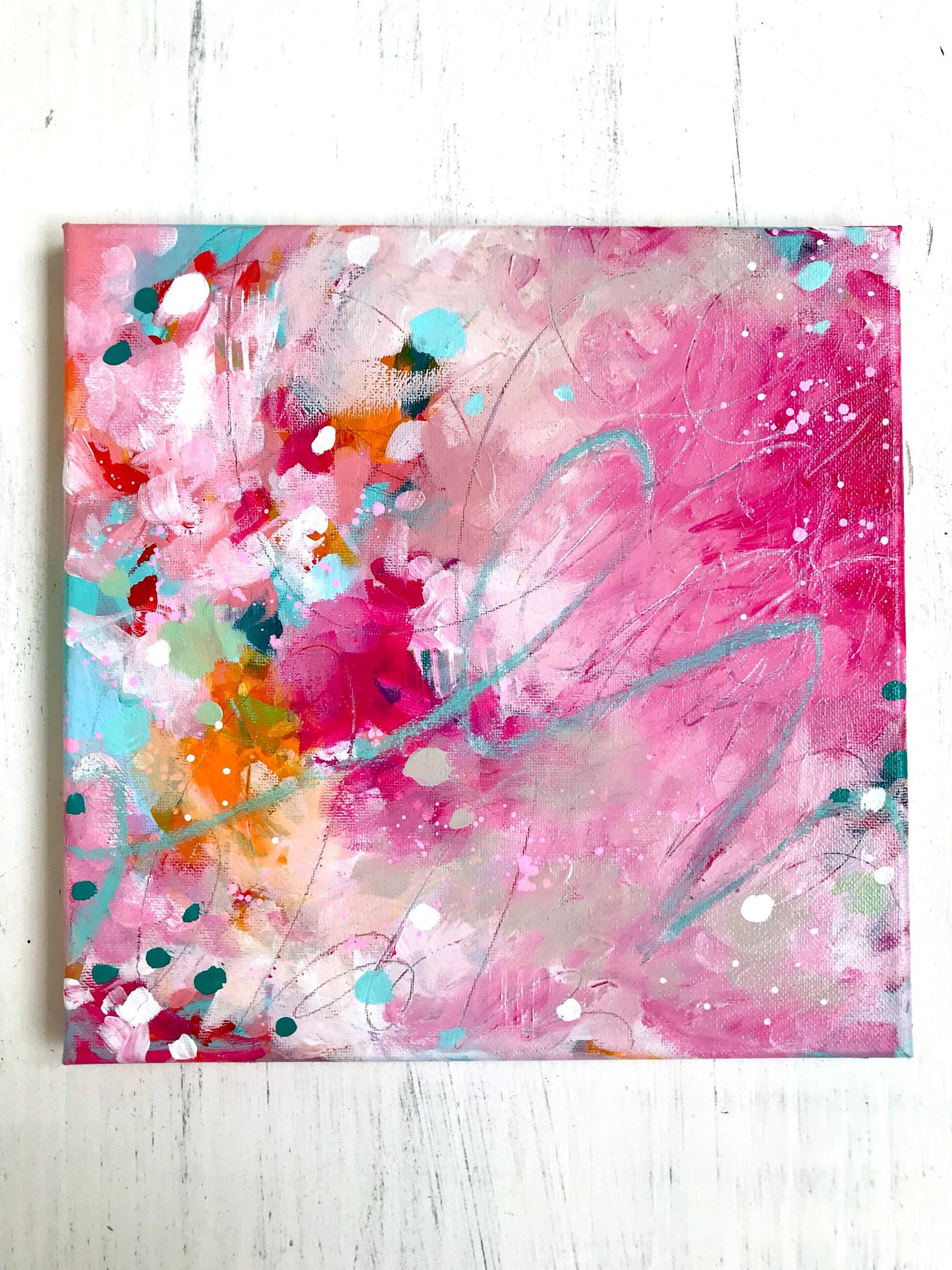 Original Abstract Painting on 10x10 inch Canvas / Acrylic and Pastel / "Pretty in Pink" / Pink Painting / Colorful Home Decor - Bethany Joy Art