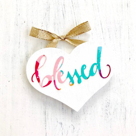 Hand painted, hand lettered "Blessed" mini wooden heart with gold shimmer ribbon / Collage Heart / Heart Gift / Fall art - Bethany Joy Art