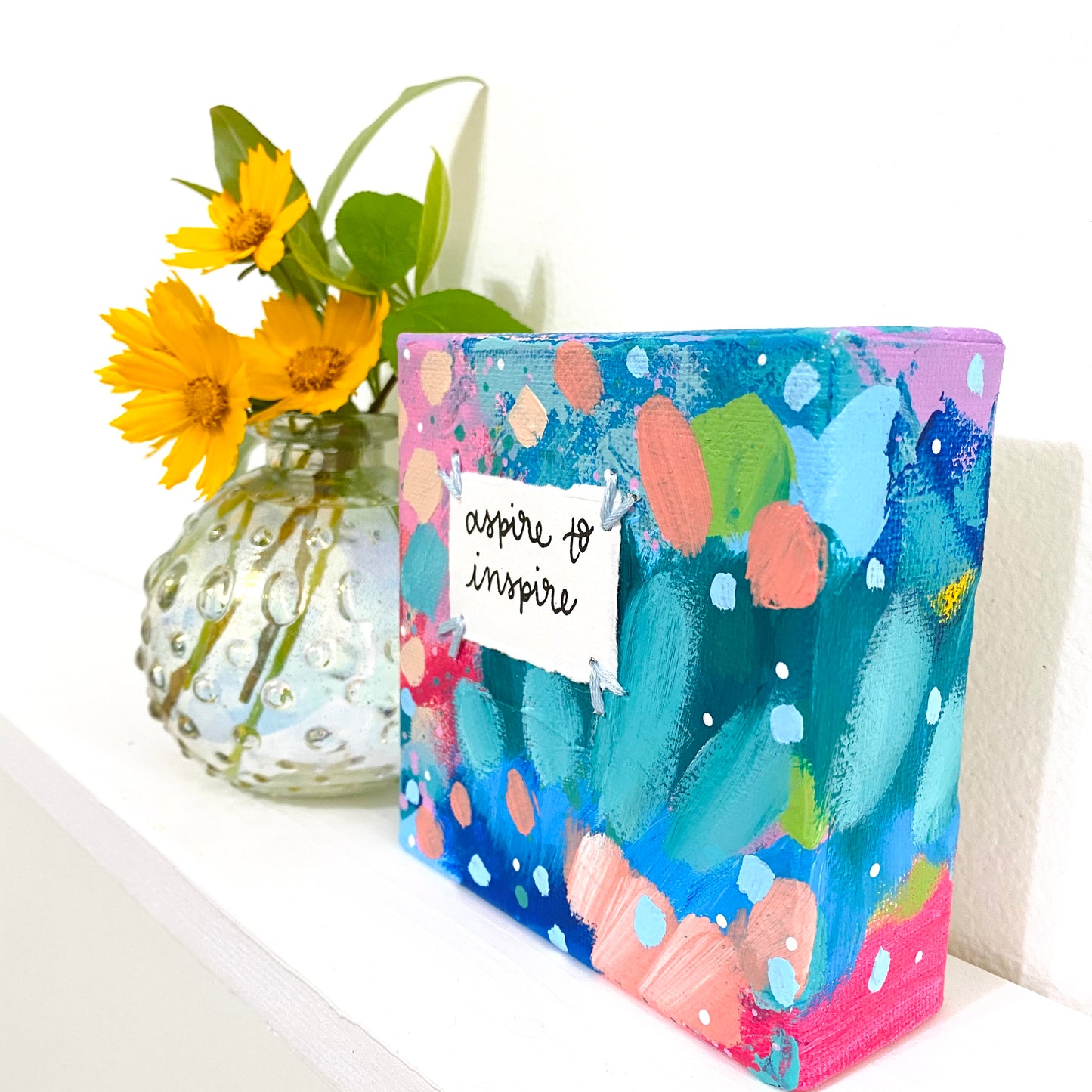Aspire to Inspire 4x4 inch original abstract canvas with embroidery thread accents