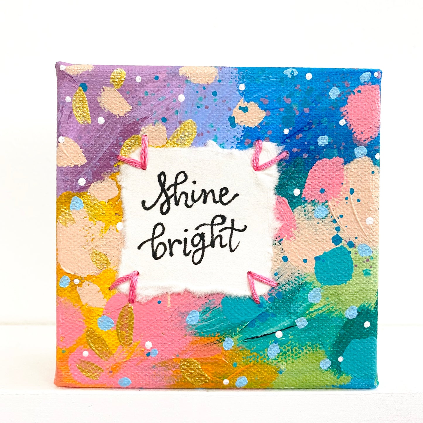 Shine Bright 4x4 inch original abstract canvas with embroidery thread accents