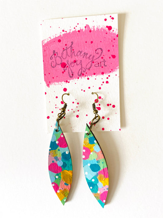 Colorful, Hand Painted Oblong Leaf Shaped Earrings 14