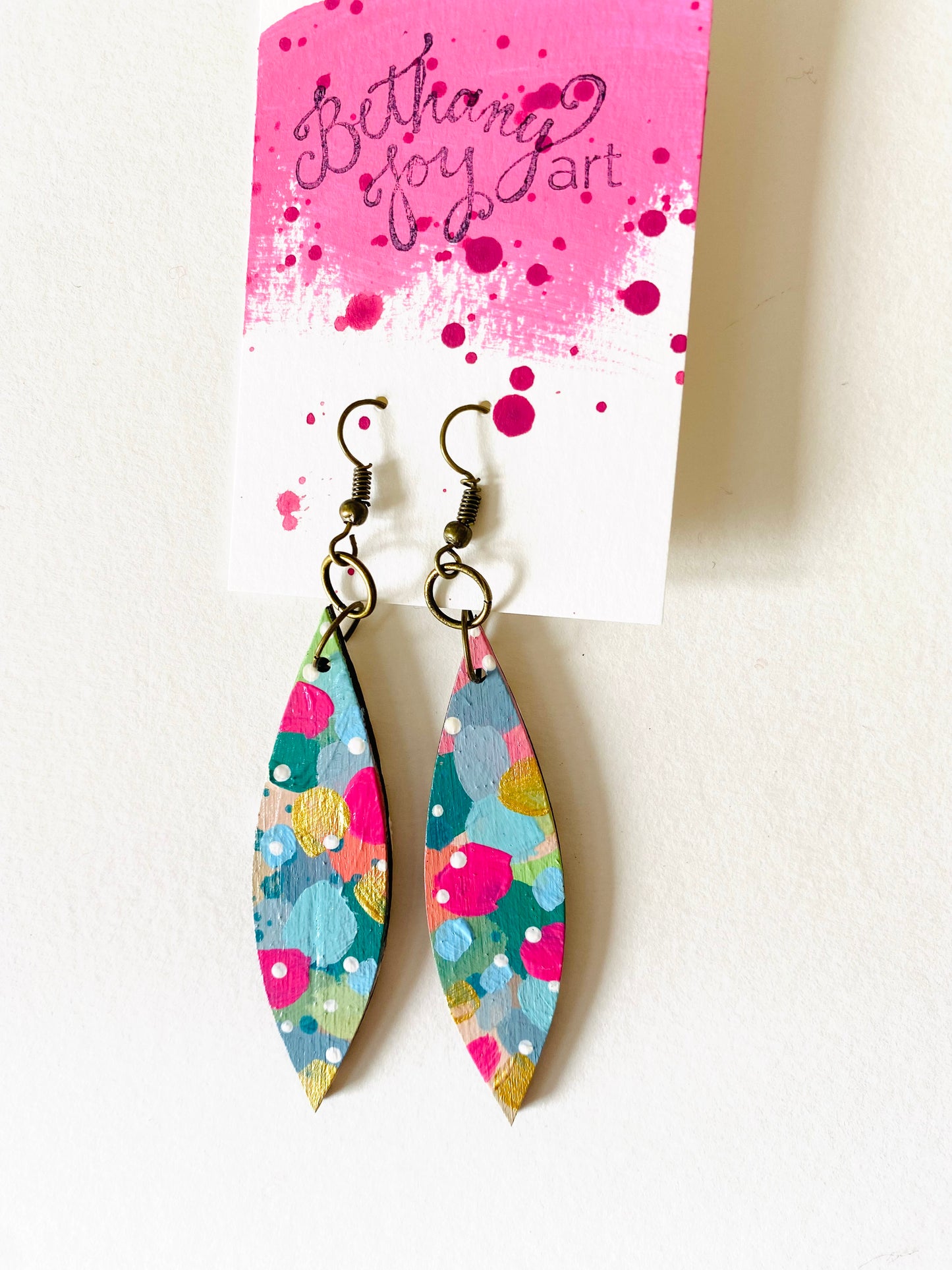 Colorful, Hand Painted Oblong Leaf Shaped Earrings 19