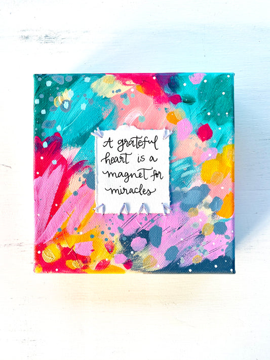 Grateful Heart 6x6 inch original abstract canvas with embroidery thread accents