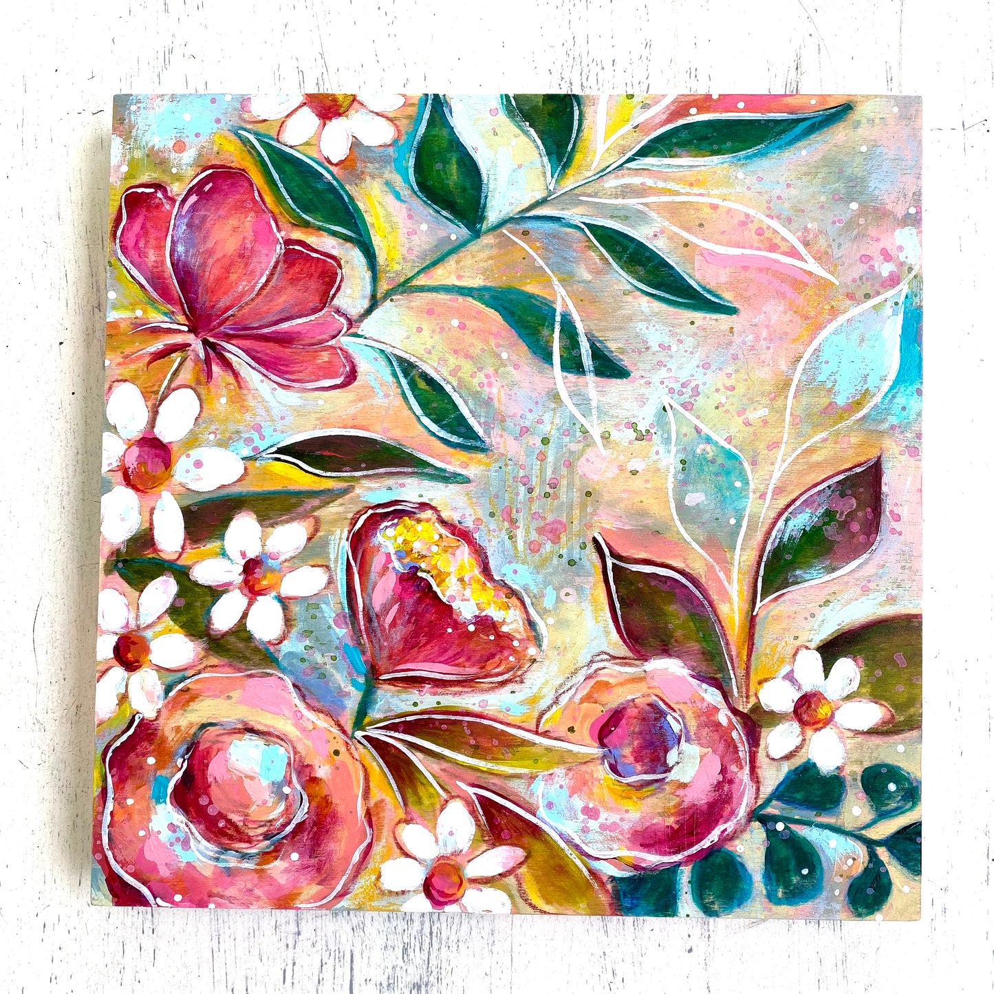 Spring Has Sprung Floral Mixed Media Painting on 8x8 inch wood panel - Bethany Joy Art