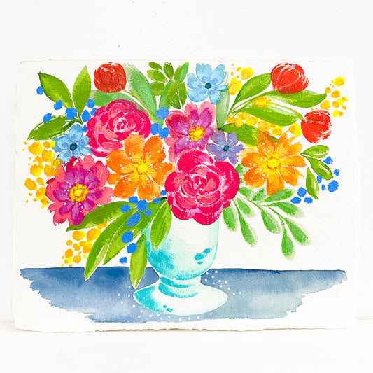 Full Bloom Floral Original Painting on Deckled Edge Watercolor Paper