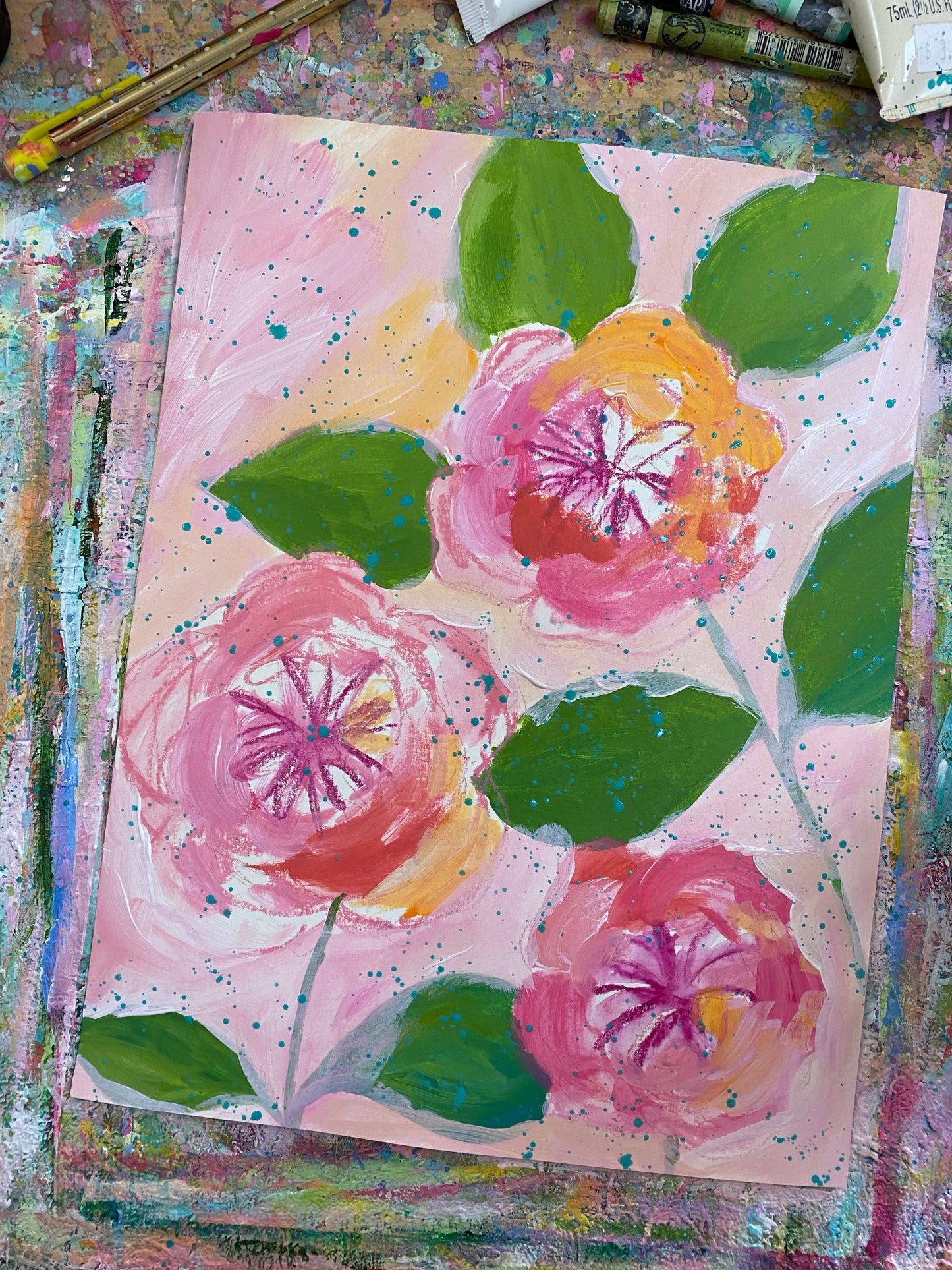 February Flowers Day 22 Garden Rose 8.5x11 inch original painting