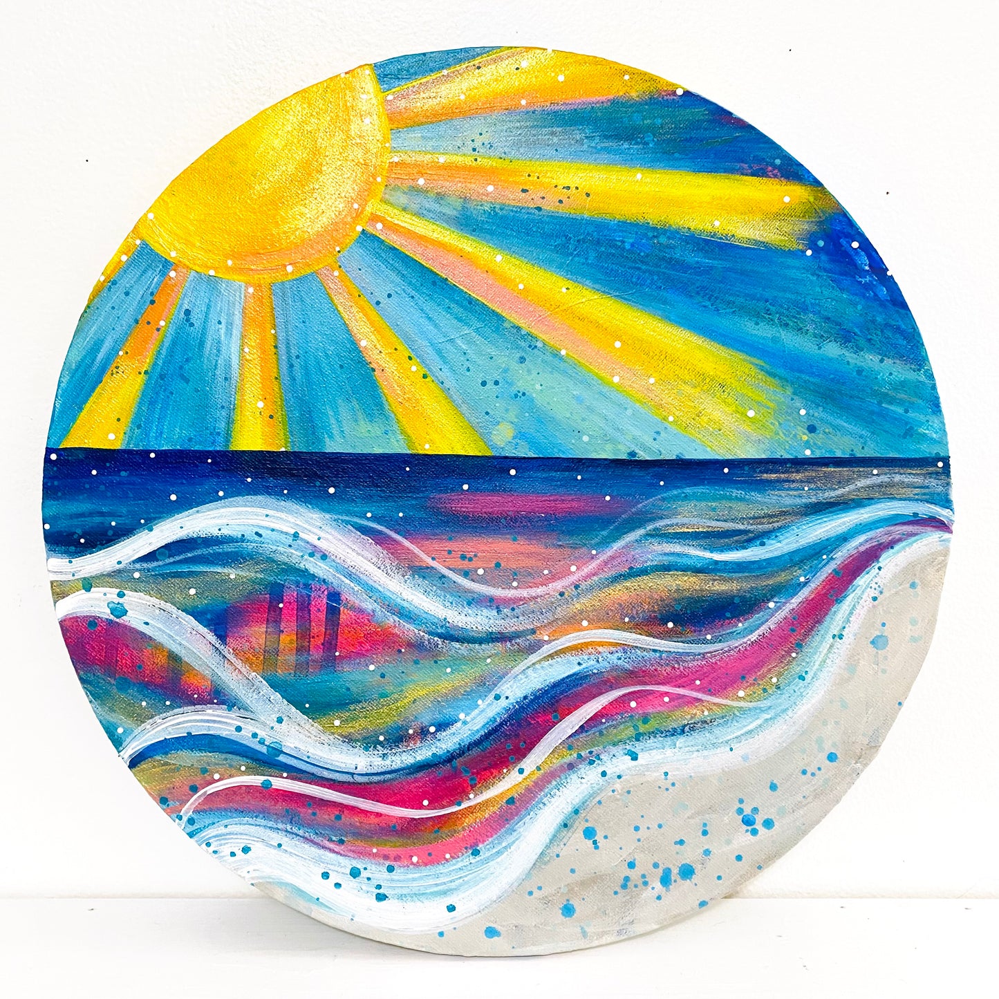 "Summertime Glow" 12 inch diamater circle Original Coastal Inspired Painting on Canvas with painted sides
