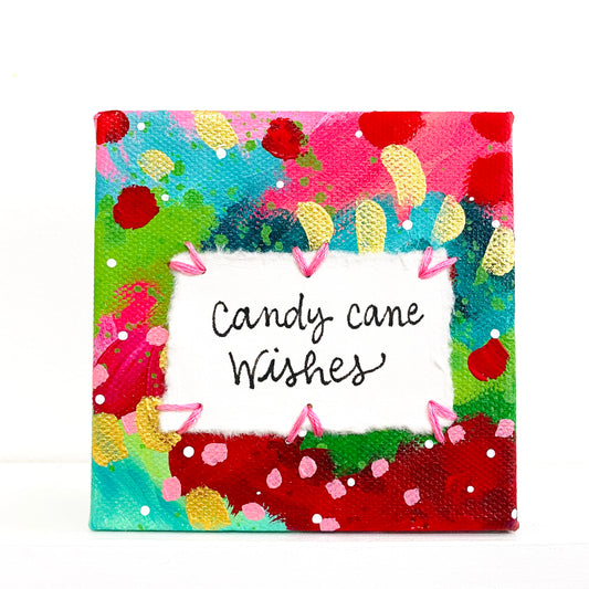 Candy Cane Wishes 4x4 inch original abstract canvas with embroidery thread accents