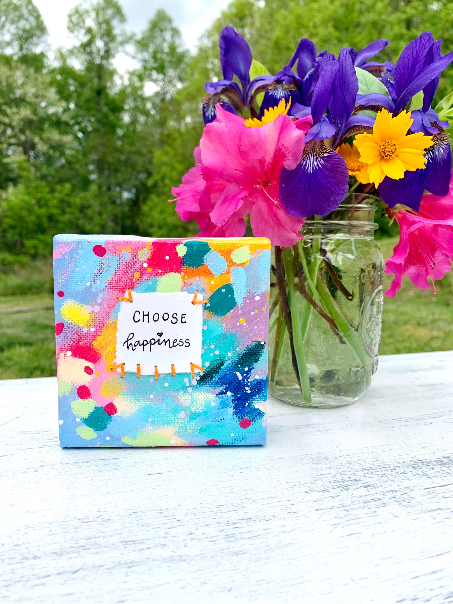 Choose Happiness 4x4 inch original abstract canvas with embroidery thread accents - Bethany Joy Art