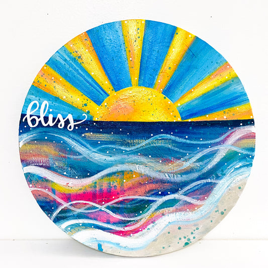 "Bliss Beach" 10 inch diamater circle Original Coastal Inspired Painting on Canvas with painted sides