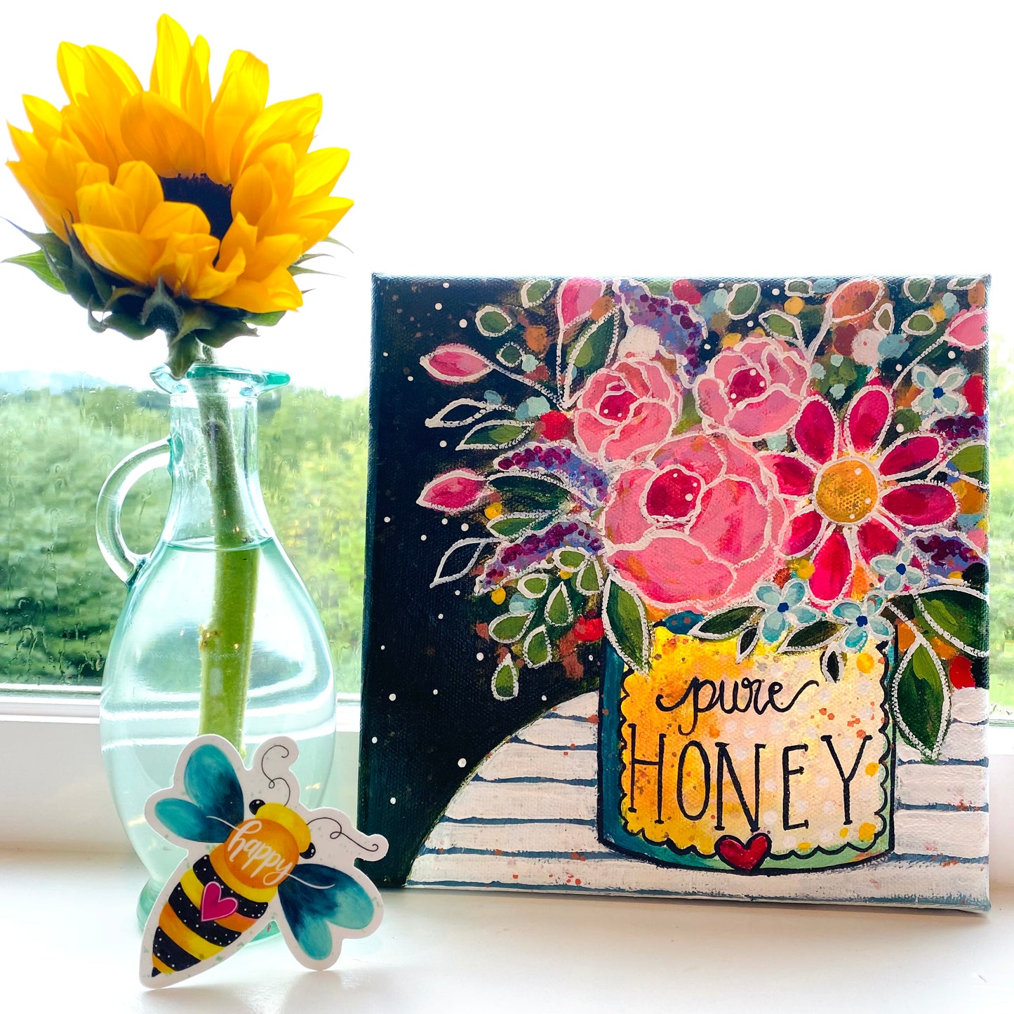 "Pure Honey Flowers" 8x8 inch Original Painting on Canvas with painted sides