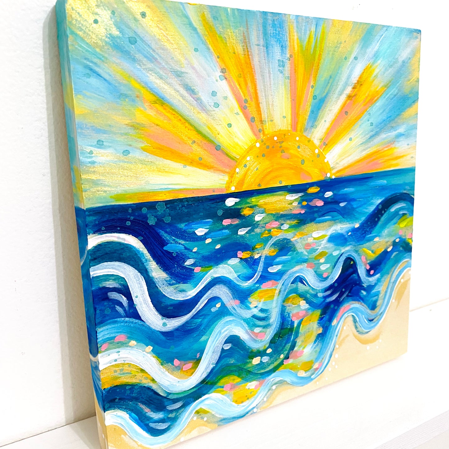 "Sunshine Life" 8x8 inch Original Coastal Inspired Painting on Wood Panel with painted sides