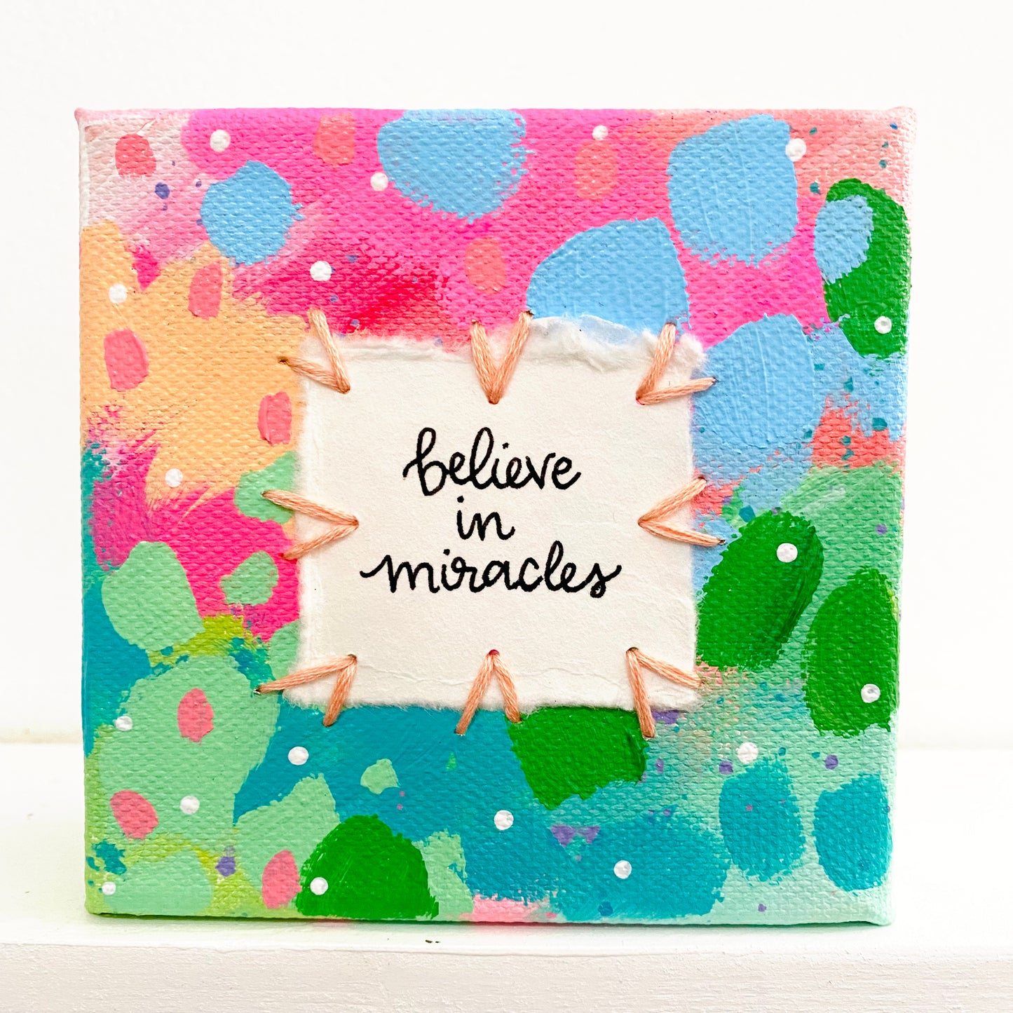 Believe in Miracles 4x4 inch original abstract canvas with embroidery thread accents
