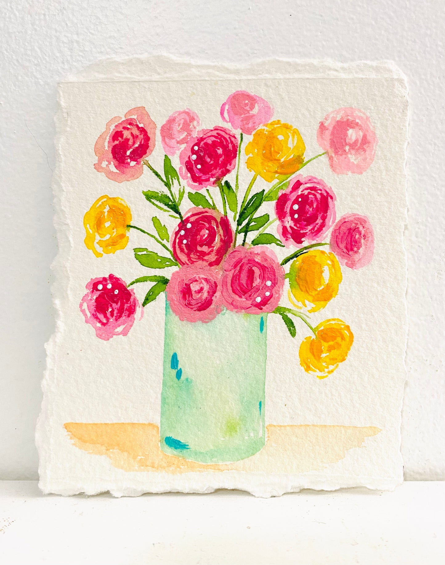 Yellow and Pink Floral Original Painting on Deckled Edge Watercolor Paper