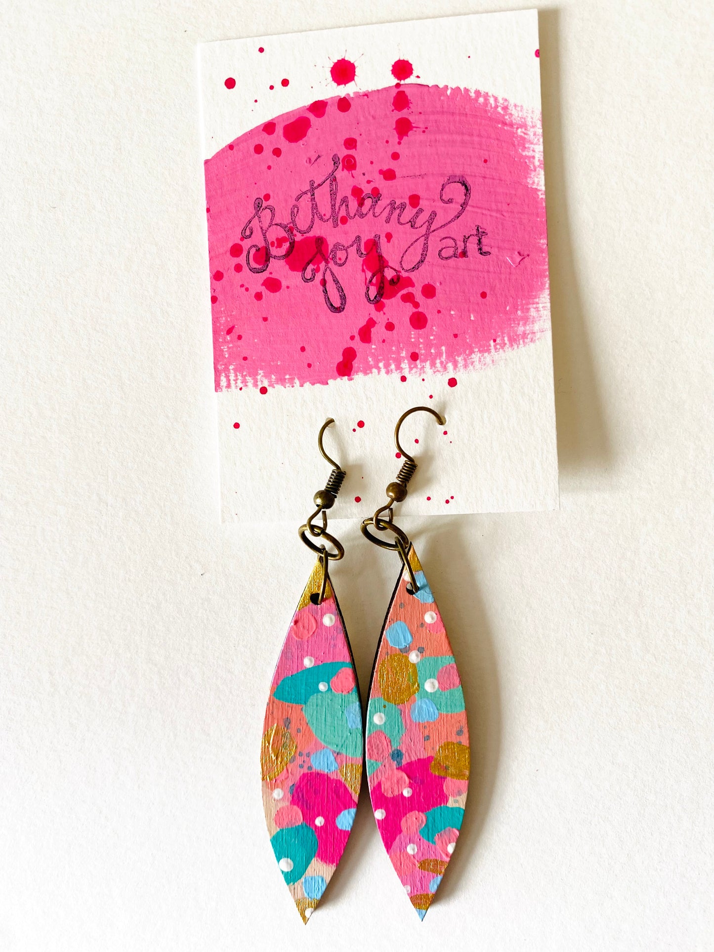 Colorful, Hand Painted Oblong Leaf Shaped Earrings 6