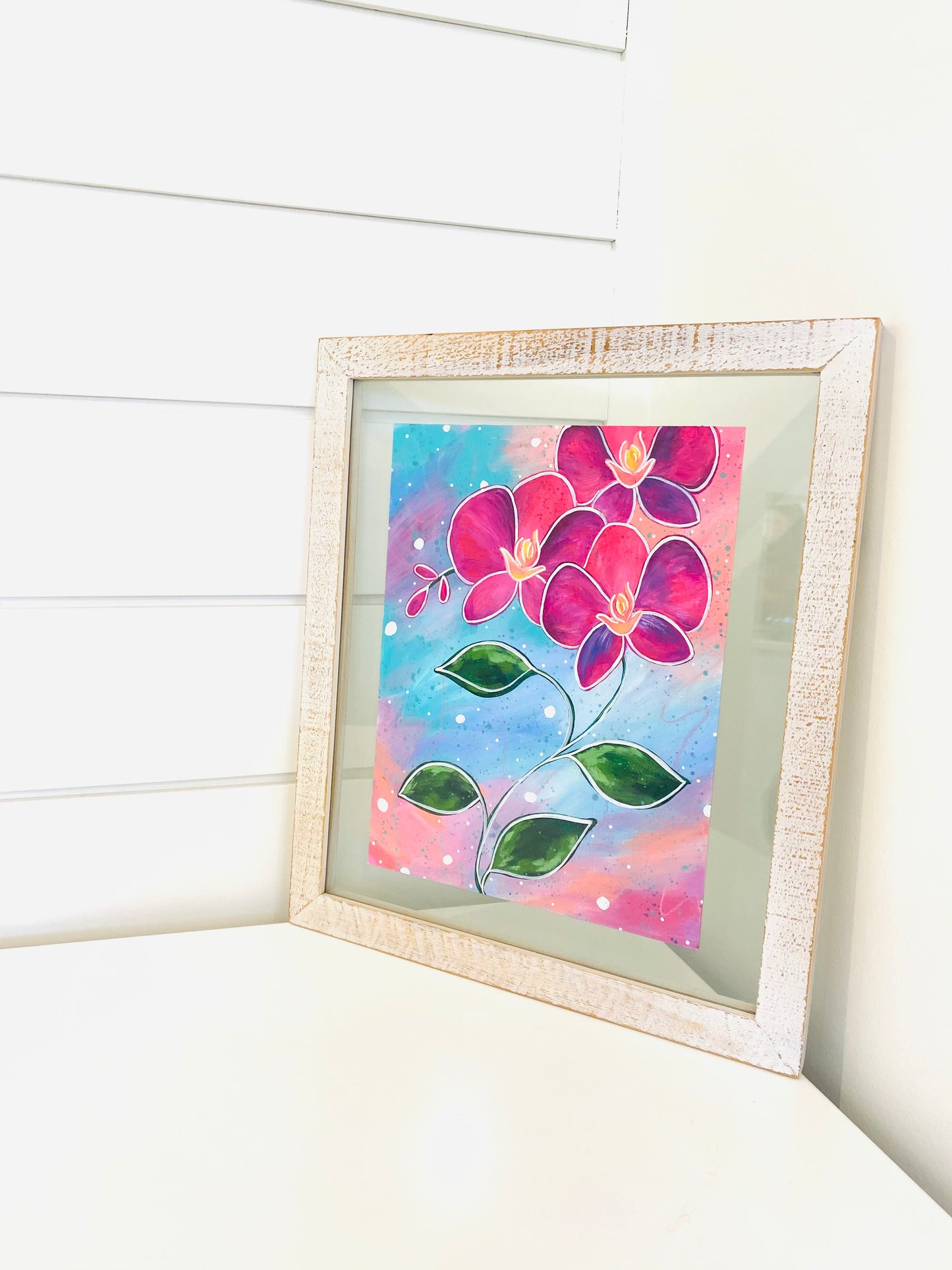 Framed original orchid flower painting by Bethany Joy Art