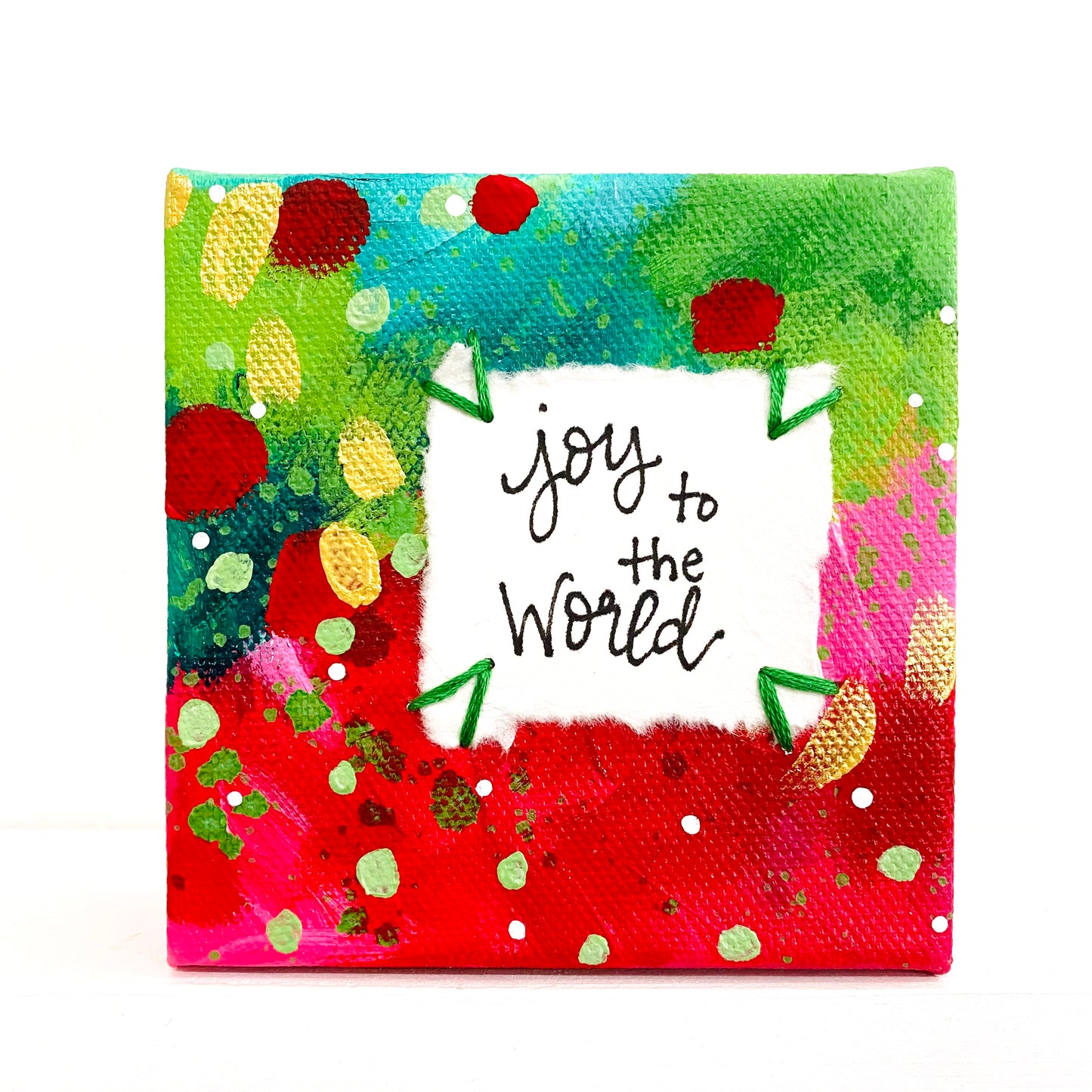 Joy to the World #1 4x4 inch original abstract canvas with embroidery thread accents