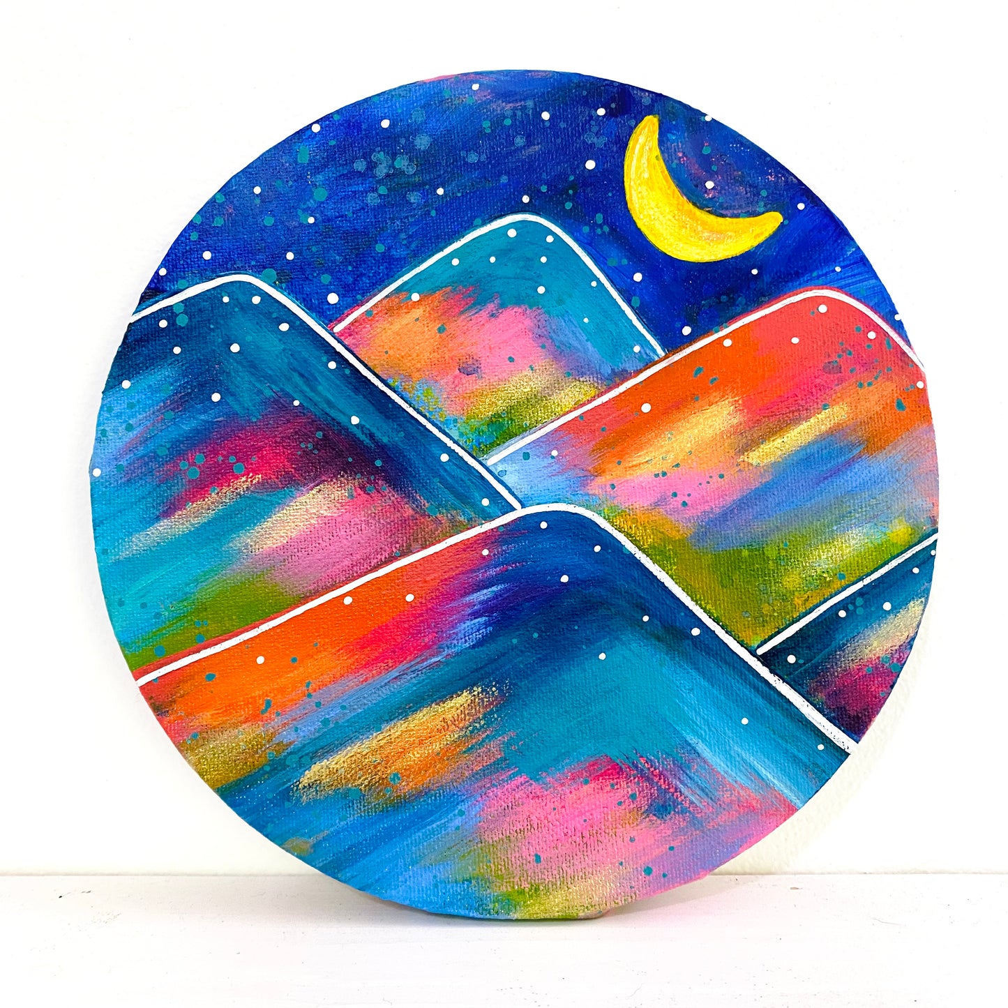 "To the Moon and Back" 8 inch diamater circle Original Mountain Inspired Painting on Canvas with painted sides