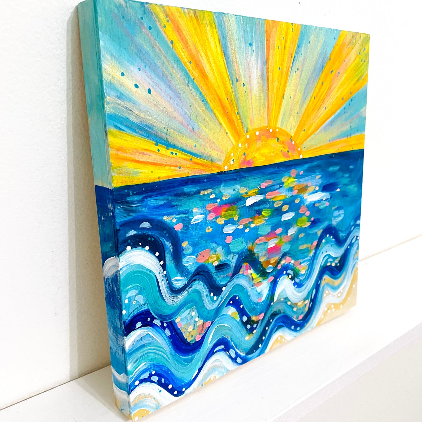 "Stay Golden" 8x8 inch Original Coastal Inspired Painting on Wood Panel with painted sides