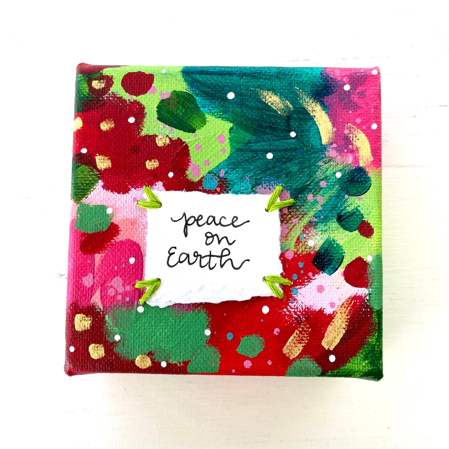 Peace on Earth-1 4x4 inch original abstract canvas with embroidery thread accents