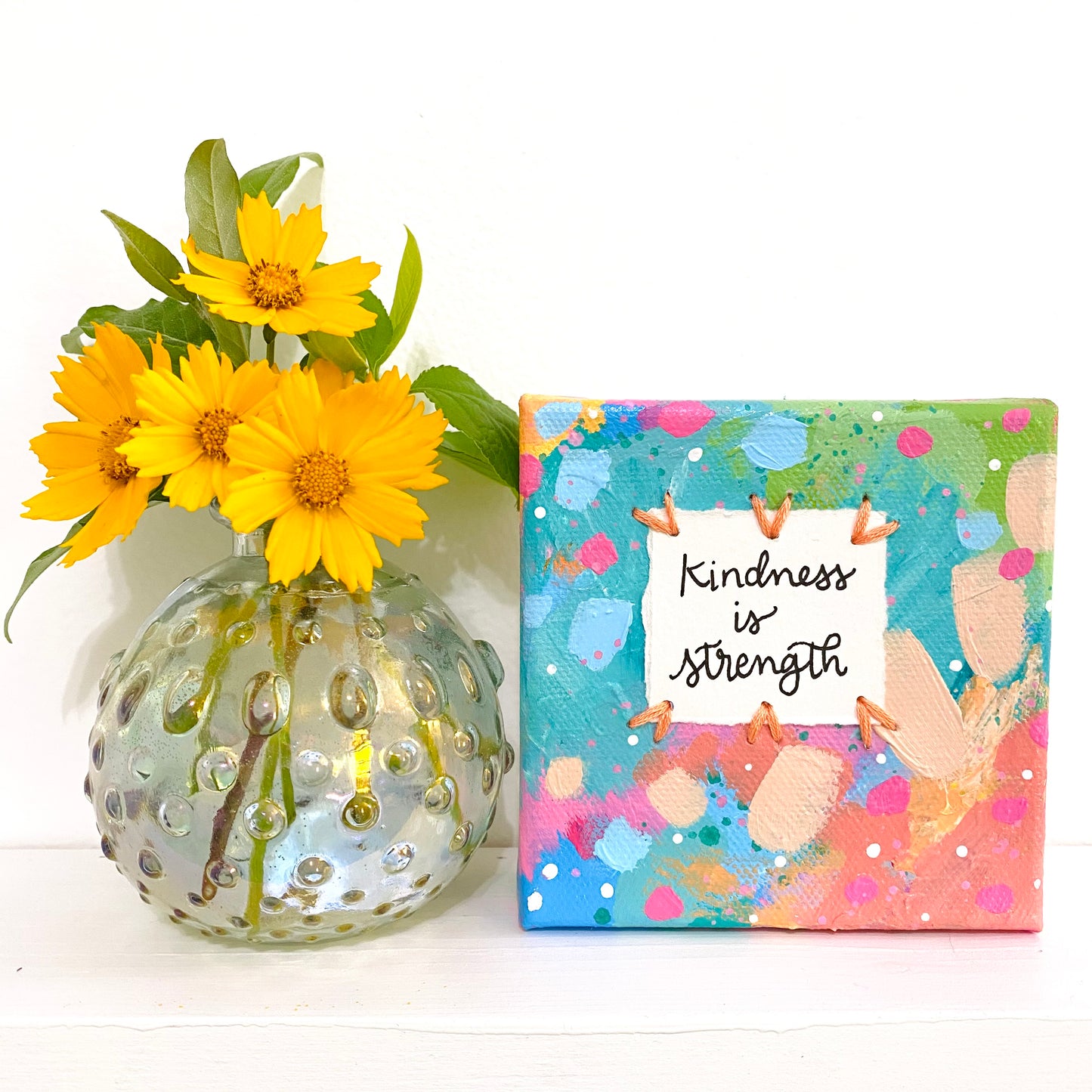 Kindness is Strength 4x4 inch original abstract canvas with embroidery thread accents