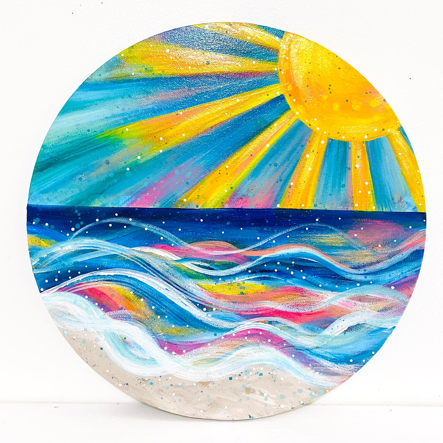 "Sunkissed" 12 inch diamater circle Original Coastal Inspired Painting on Canvas with painted sides