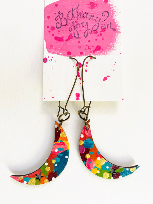 Colorful, Hand Painted, Moon Shaped Earrings 7