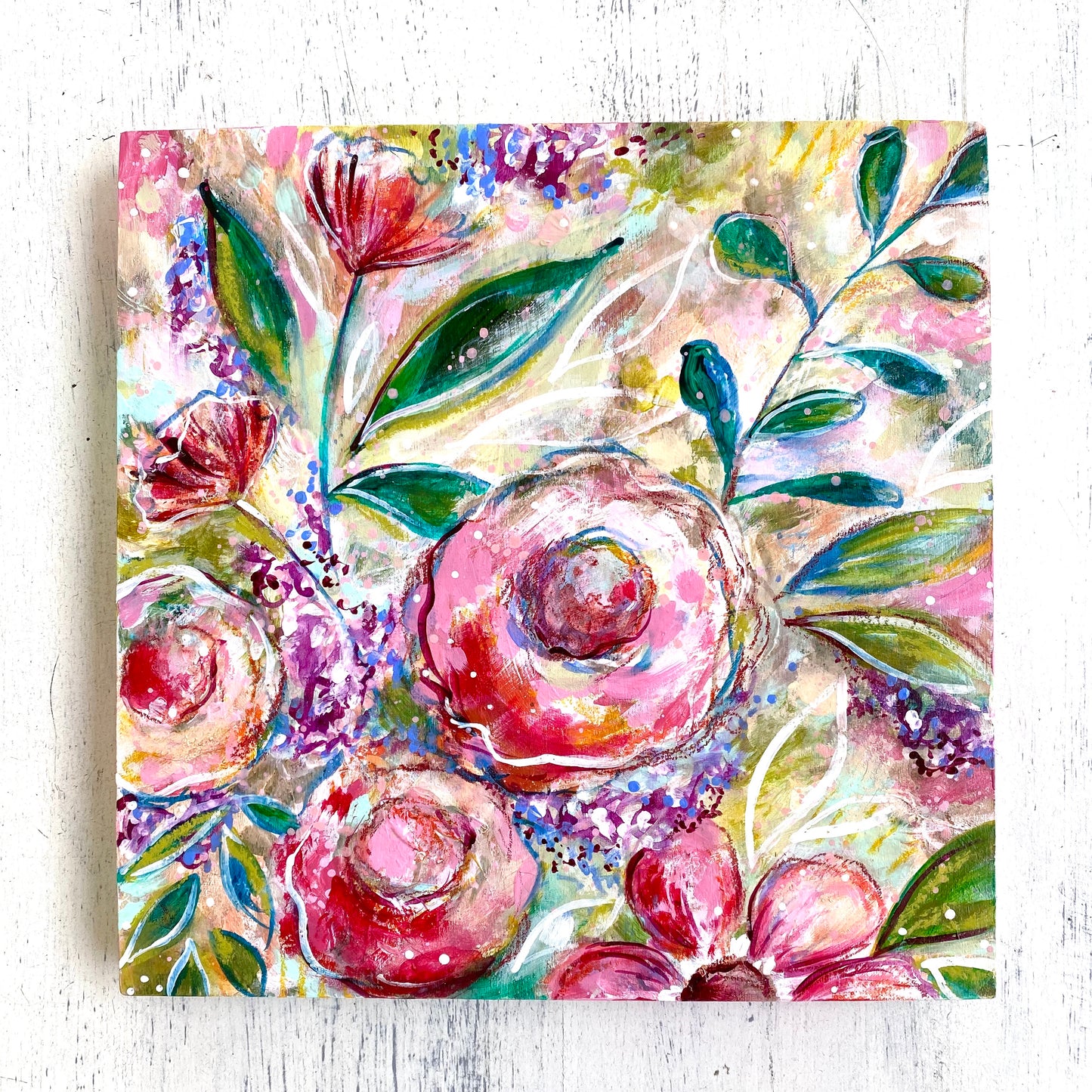 Hope Blooms Spring Floral Mixed Media Painting on 8x8 inch wood panel - Bethany Joy Art