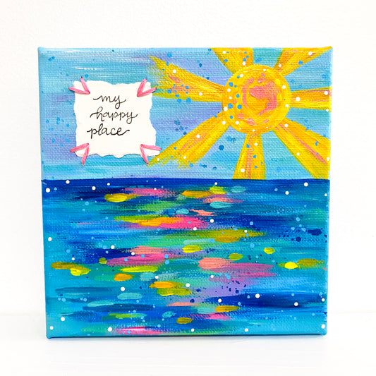 "My Happy Place" 6x6 inch Original Coastal Inspired Painting on Canvas with painted sides