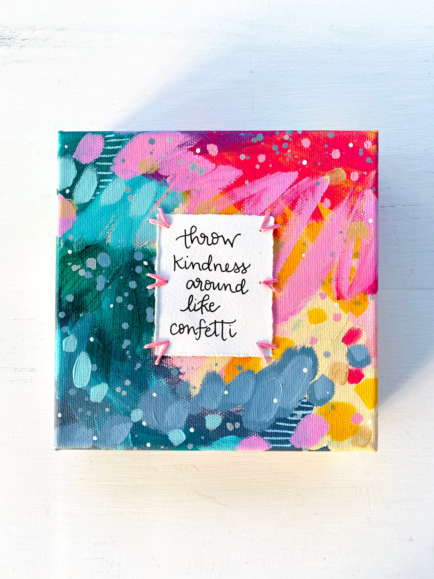 Confetti Kindness 6x6 inch original abstract canvas with embroidery thread accents