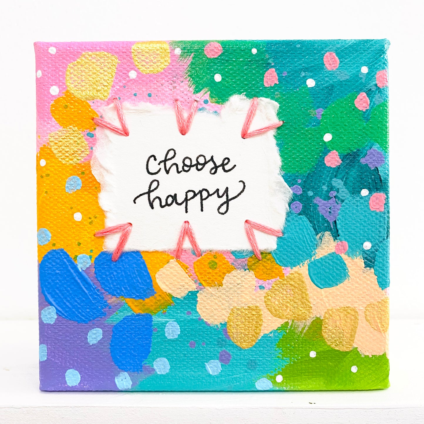 Choose Happy 4x4 inch original abstract canvas with embroidery thread accents